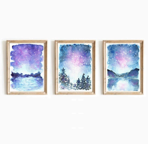 ギャラクシー水彩画プリントセット：星空の風景を描いた天体ウォール