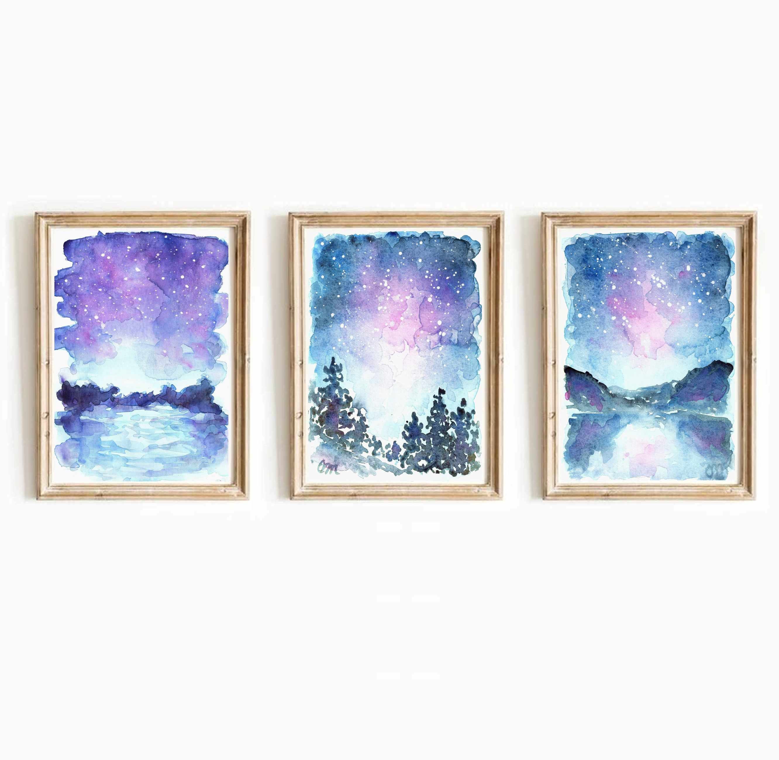ギャラクシー水彩画プリントセット：星空の風景を描いた天体ウォール