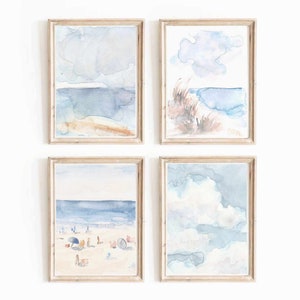 Pastel Blue Set Of 4 Summer Beach Scene Neutral Watercolor Prints 4 Piece California Coastal Printable Wall Art Ocean Coast Instant Download