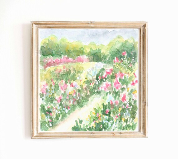 バラ園の水彩画プリント：印象派風の花の風景（デジタルダウンロード