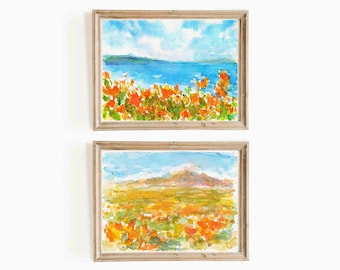 California Coast Watercolor Set Of 2 Digital Prints Orange Poppy Flower Bloom 2 Piece Coastal Printable Wall Art California Instant Download