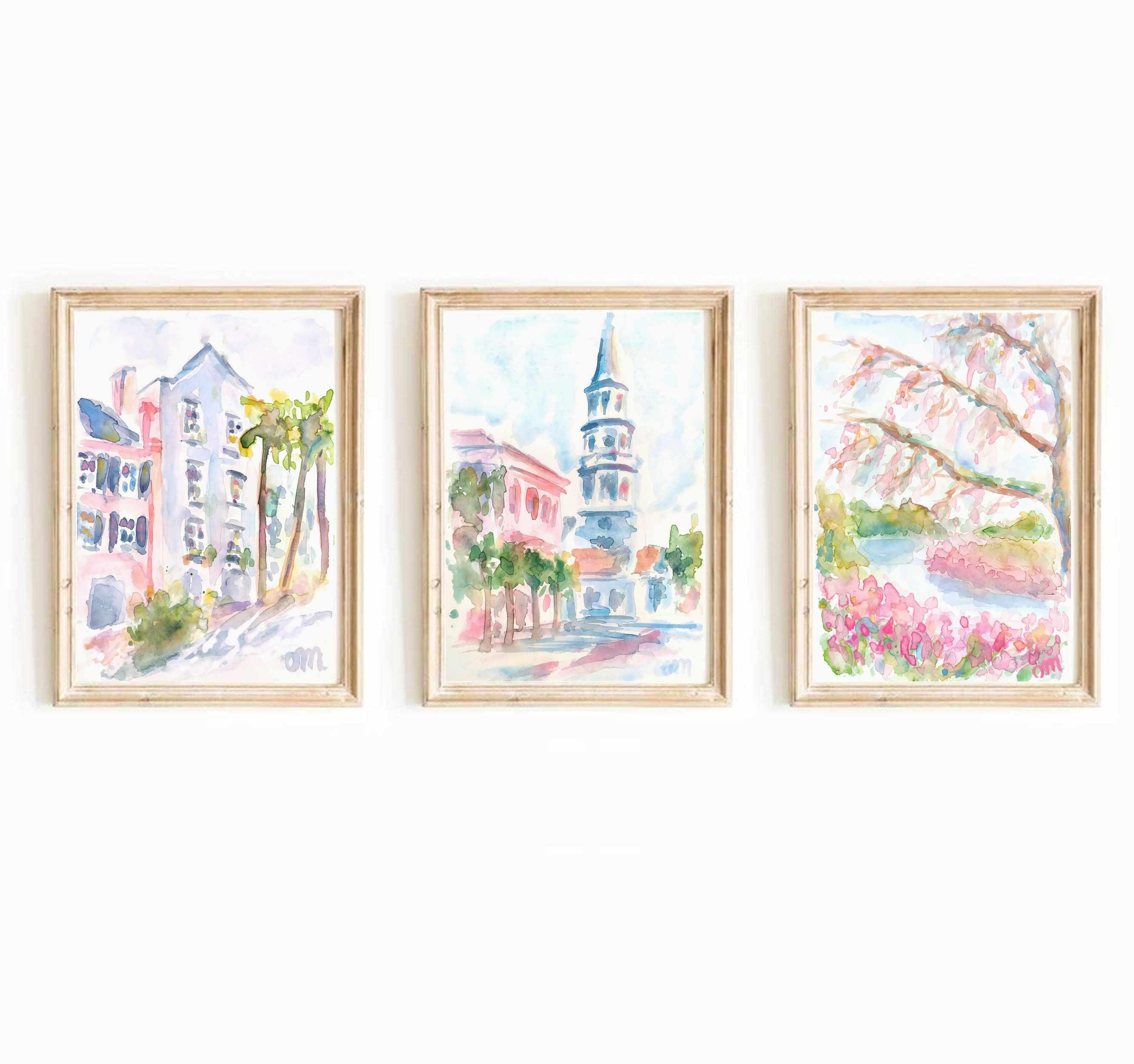 Pastel Pink Blue Preppy Set Of 3 Charleston South Carolina Watercolor Print Rainbow Row Street Printable Art Church Street Instant Download