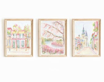 Conjunto de 3 impresiones en acuarela de Nueva Orleans, Luisiana, en color rosa pastel, distrito del Barrio Francés de NOLA, descarga instantánea, arte imprimible de la catedral de San Luis