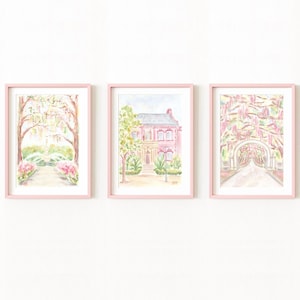 Aquarelprintset Savannah Georgia: roze Forsyth Park & Wormsloe muurkunst (digitale download)
