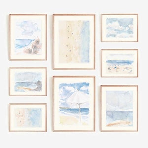 Coastal Beach Watercolor Print Set: Pastel Blue Gallery Wall (Digital Download)