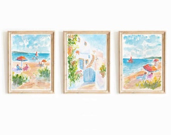 Colorful Set Of 3 Beach Scene Watercolor Print Summer Coastal Print Set 3 Piece Seascape Printable Wall Art Beach Umbrellas Instant Download