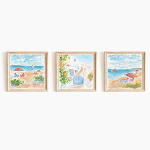 Colorful Summer Set Of 3 Beach Scene Watercolor Print Coastal Print Set 3 Piece Seascape Printable Wall Art Beach Umbrellas Instant Download