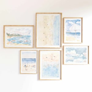 Pastel Blue Set Of 6 Aerial Coastal Watercolor Prints 6 Piece Coastal Beach Umbrella Neutral Printable Wall Art Ocean Coast Instant Download