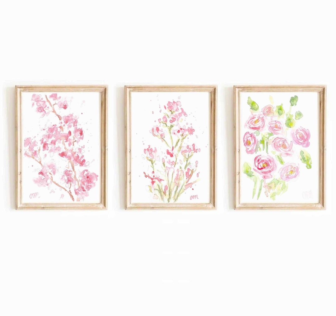 Pastel Pink Floral Watercolor Print Set: Summer Botanical Wall Art ...