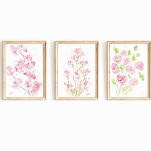 Pink Floral Watercolor Print Set: Summer Botanical Wall Art (Digital Download)