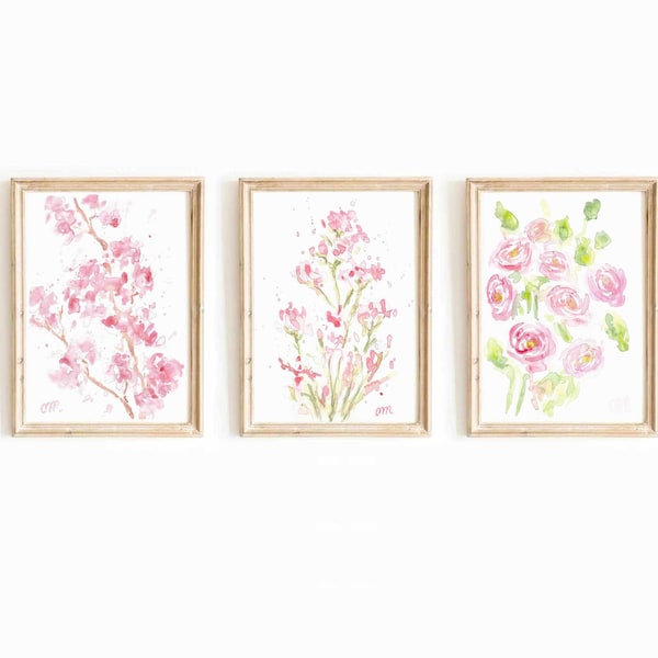 Pastel Pink Floral Set Of 3 Watercolor Print 3 Piece Summer Flower Botanical Printable Wall Art Ranunculus Print Wildflower Instant Download