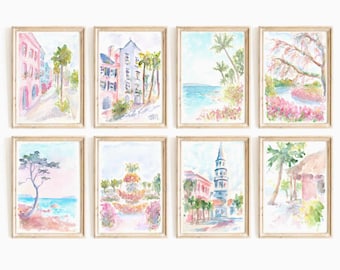 Pastel Pink Charleston Watercolor Print Set: Rainbow Row, Coastal Wall Art (Digital Download)
