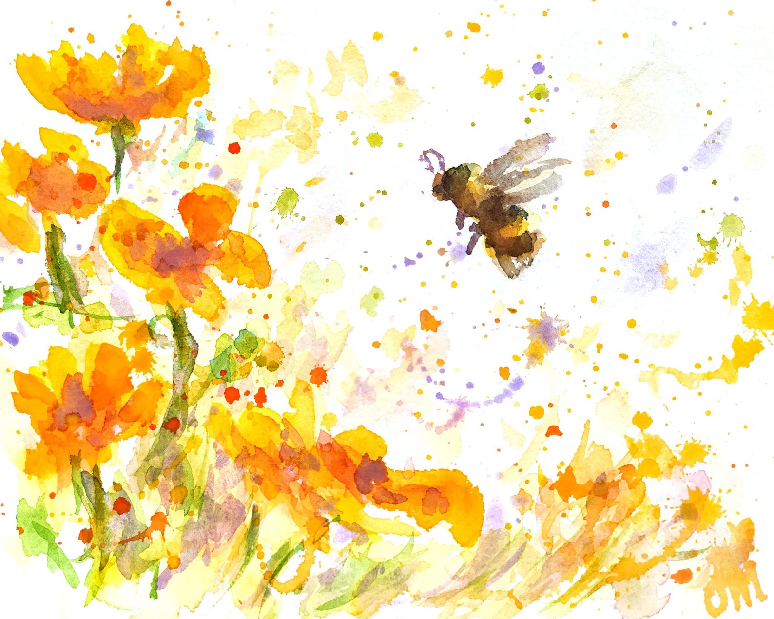 Bee Watercolor Print Bee on Flower Painting Instant Download Etsy