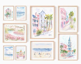 Pastel Pink Blue Charleston Rainbow Row Watercolor Print Set: Coastal Wall Art (Digital Download)