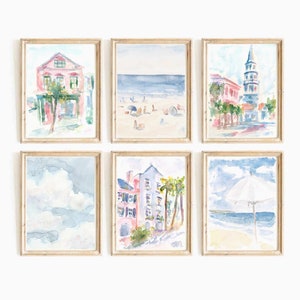 Pastel Blue Pink Set Of 6 Charleston South Carolina Watercolor Prints Rainbow Row Street Printable Wall Art Church Street Instant Download