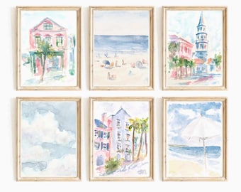Pastel Blue Pink Charleston Coastal Watercolor Print Set: Rainbow Row, Church Street (Digital Download)