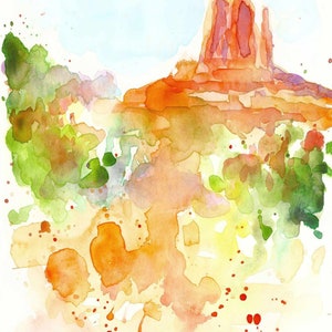 May include: Watercolor painting of a red rock formation with a light blue sky and green foliage in the foreground. The painting has a soft, abstract style with splashes of color.