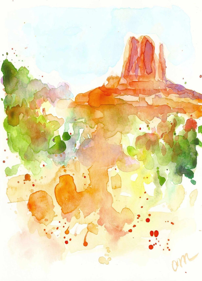 May include: Watercolor painting of a red rock formation with a light blue sky and green foliage in the foreground. The painting has a soft, abstract style with splashes of color.