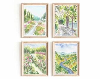 Set di stampe di paesaggi ad acquerello: Quadri murali con immagini di natura rurale (Download digitale)