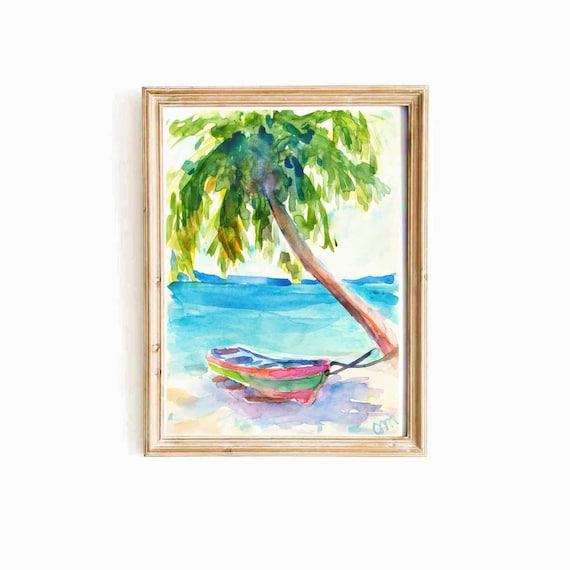 ハワイ 水彩画 ハワイのヤシの木の水彩画 ビーチの帆船アート デジタル