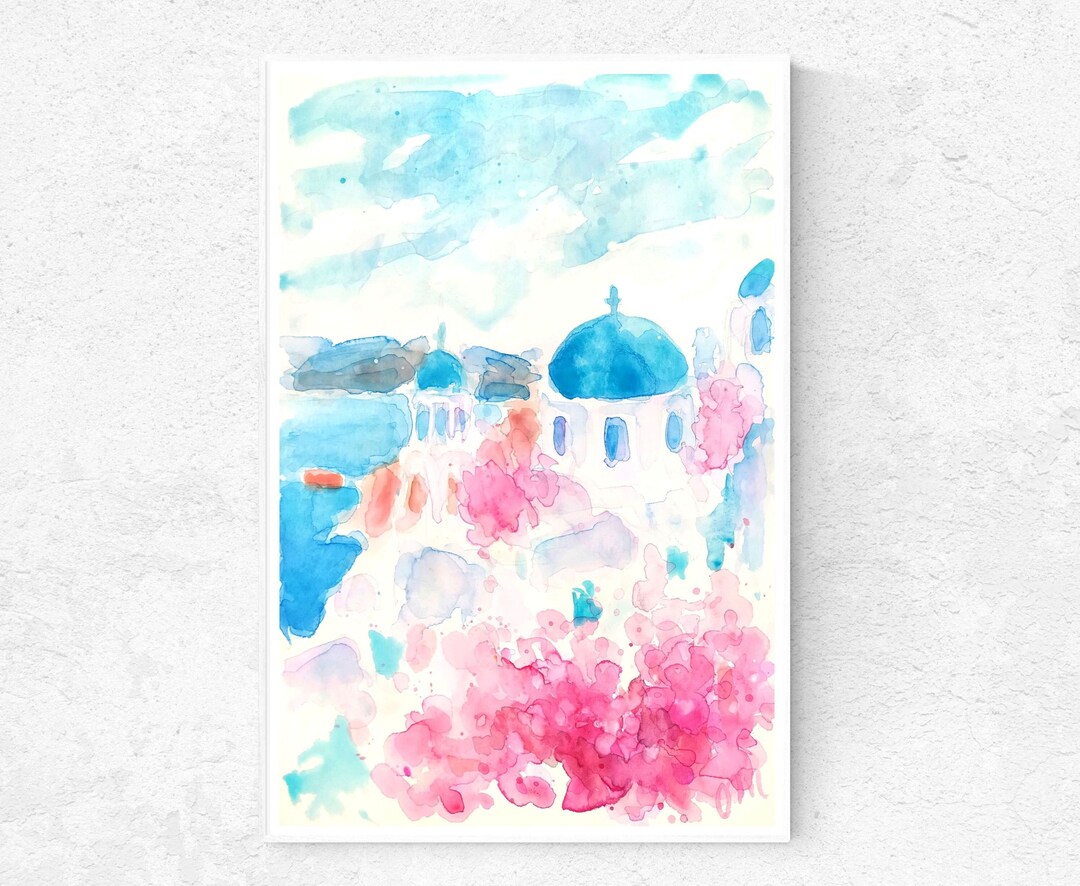 Santorini Coast Watercolor Digital Print Greece Seascape Painting ...