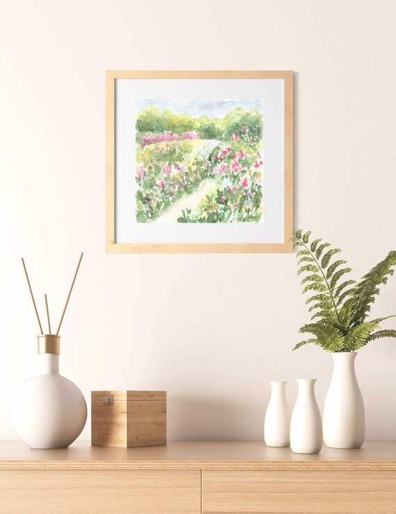 バラ園の水彩画プリント：印象派風の花の風景（デジタルダウンロード