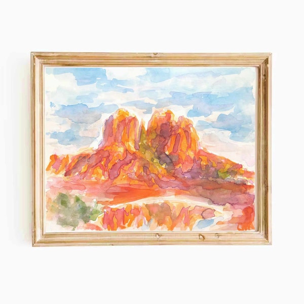 Sedona Red Rock Southwest Watercolor Digital Print Arizona National Park Printable Wall Art Cathedral Rock Landscape Instant Download
