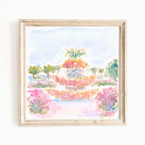 May include: Watercolour painting of a garden scene featuring a large, colourful flower arrangement in the centre. The flowers are arranged in a pyramid shape and are surrounded by smaller flowers and greenery. The background is a light blue sky with white clouds.