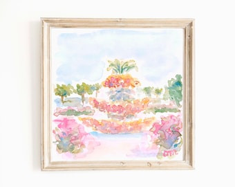 Charleston Pineapple Fountain Watercolor Print: Pastel Pink Landmark (Digital Download)