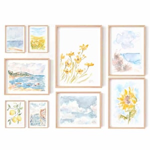 Set Of 9 Eclectic Pastel Yellow Blue Nursery Floral Watercolor Prints 9 Piece Gallery Wall Set Coastal Printable Art Summer Instant Download