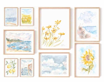 Set Of 9 Eclectic Pastel Blue Yellow Floral Watercolor Prints 9 Piece Gallery Wall Set Sunflower Printable Wall Art Summer Instant Download