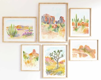 Set Of 6 Southwest Landscape Watercolor Print 6 Piece Arizona Desert Art Saguaro Cactus Printable Wall Art Sedona Red Rock Instant Download