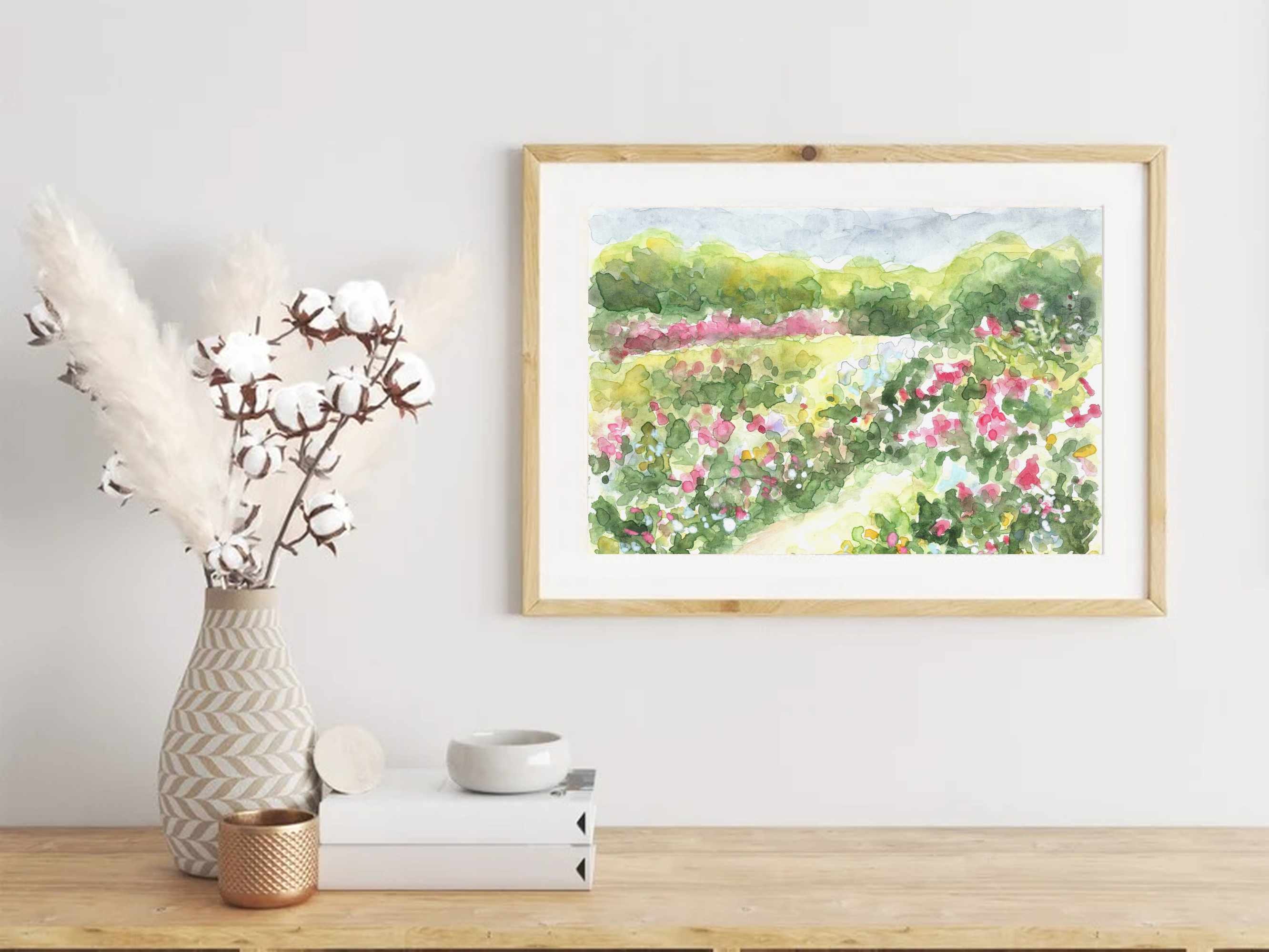 バラ園の水彩画プリント：印象派風景画（デジタルダウンロード