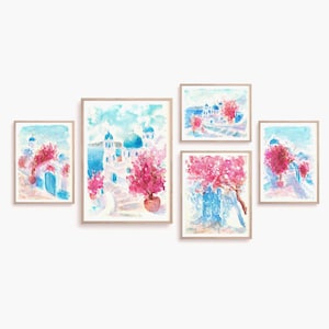 Santorini Greece Watercolor Print Set Of 5 Mediterranean Seascape Printable Wall Art Greece Print Set Greek Island Painting Instant Download