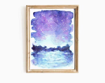 ギャラクシー水彩画プリントセット：星空の風景を描いた天体ウォール