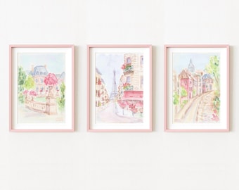 Pastel Pink Paris Watercolor Print Set: Eiffel Tower, Parisian Street (Digital Download)
