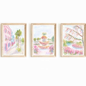 Set Of 3 Charleston South Carolina Pastel Pink Watercolor Prints Rainbow Row Street Printable Wall Art Pineapple Fountain Instant Download