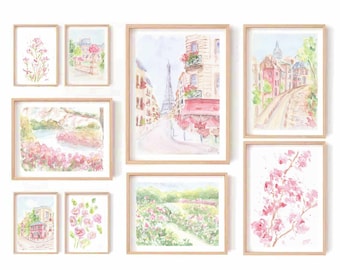 Pastel Pink Paris Watercolor Print Set: Eiffel Tower, Parisian Cafe (Digital Download)