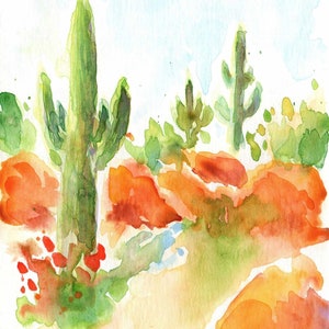 May include: Watercolor painting of a desert landscape with two tall cacti and orange and green brushstrokes. The painting has a light blue sky and a signature in the bottom left corner.