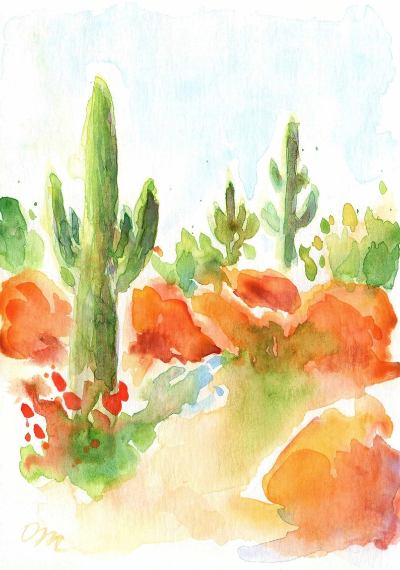 May include: Watercolor painting of a desert landscape with two tall cacti and orange and green brushstrokes. The painting has a light blue sky and a signature in the bottom left corner.