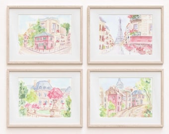 Pastel Pink Paris Watercolor Print Set: Eiffel Tower, Parisian Cafe (Digital Download)