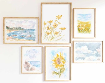 Pastel Yellow Blue Set Of 6 Summer Flower Watercolor Print Sunflower Floral Landscape Printable Wall Art Coastal Print Instant Download