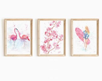 Pastel Pink Summer Coastal Set Of 3 Watercolor Print Hawaii Beach Printable Wall Art Tropical Flamingo Print Surfer Girl Instant Download