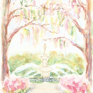 May include: Watercolor painting of a fountain in a garden with pink flowers and trees. The fountain is in the center of the painting and is surrounded by green foliage. The trees are in the background and have pink and green leaves. The flowers are in the foreground and are a bright pink.