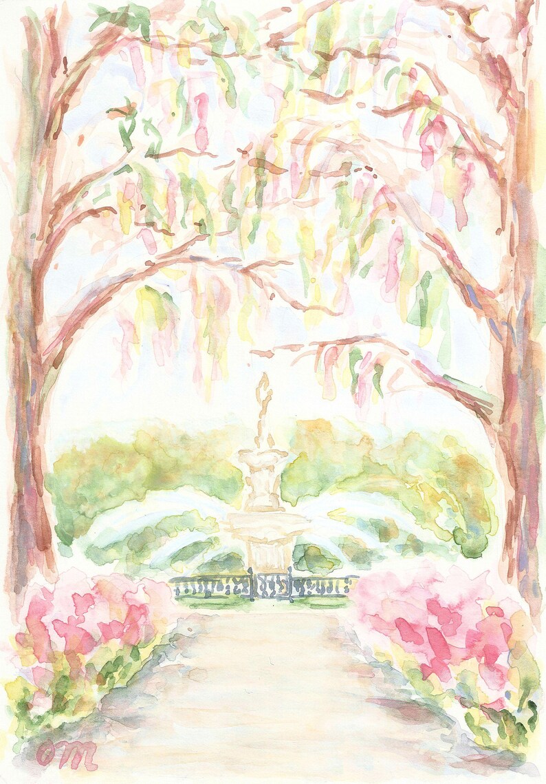 May include: Watercolor painting of a fountain in a garden with pink flowers and trees. The fountain is in the center of the painting and is surrounded by green foliage. The trees are in the background and have pink and green leaves. The flowers are in the foreground and are a bright pink.