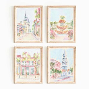 パステルピンクのプレッピーな旅行をテーマにした水彩画プリント：ニューオーリンズ＆チャールストンセット（デジタルダウンロード）