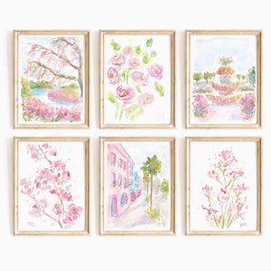 Pastel Pink Eclectic Flower Set Of 6 Watercolor Print 6 Piece Charleston Landscape Gallery Wall Set Printable Art Floral Instant Download