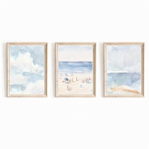Pastel Blue Set Of 3 Beach Scene Neutral Watercolor Prints 3 Piece California Coastal Printable Wall Art Ocean Coast Print Instant Download