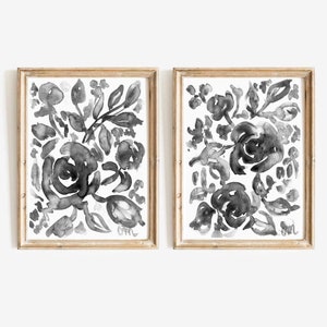 Set Of 2 Black and White Peony Flower Watercolor Digital Prints 2 Piece Black Floral Print Set Printable Wall Art Botanical Instant Download