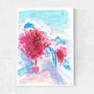 Colorful Santorini Bougainvillea Watercolor Printable Wall Art Greek Island Print Mediterranean Landscape Instant Download Travel Print